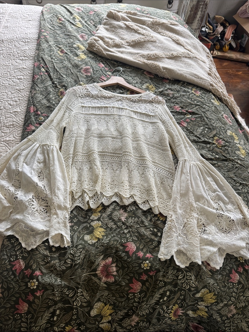 Free People Cream Lace Crochet Bell-Sleeve Blouse